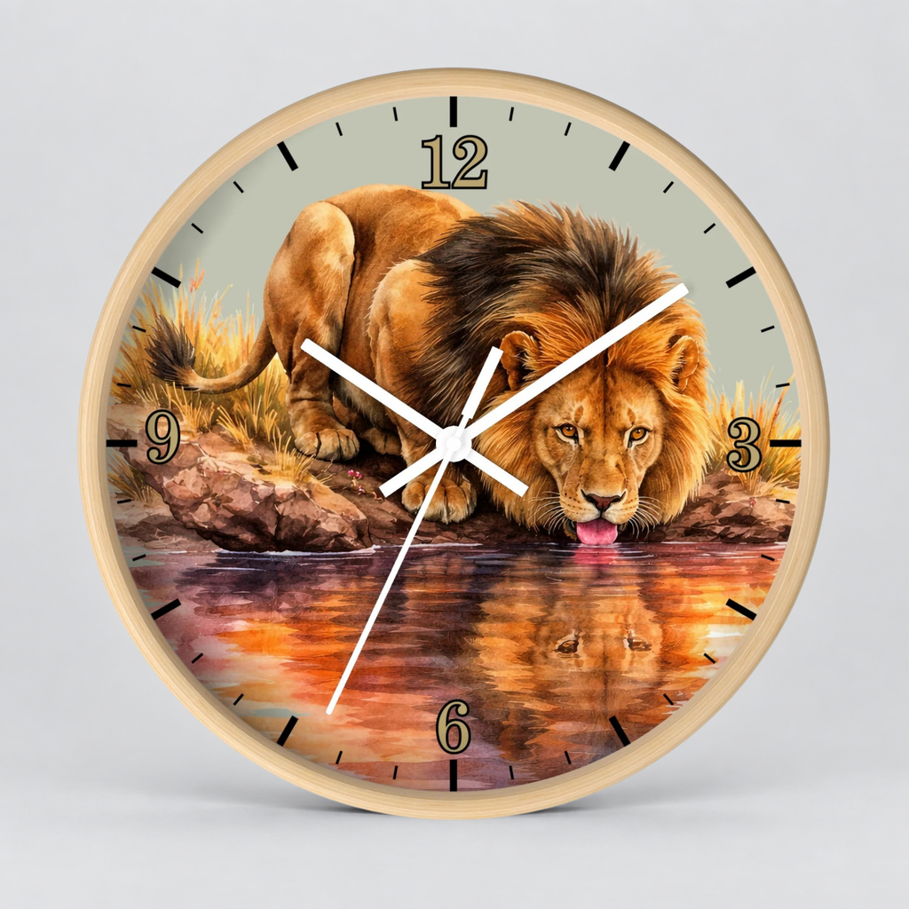 Round wall clock with a light wood frame and a printed lion drinking water design on the face, shown against a plain light gray background.