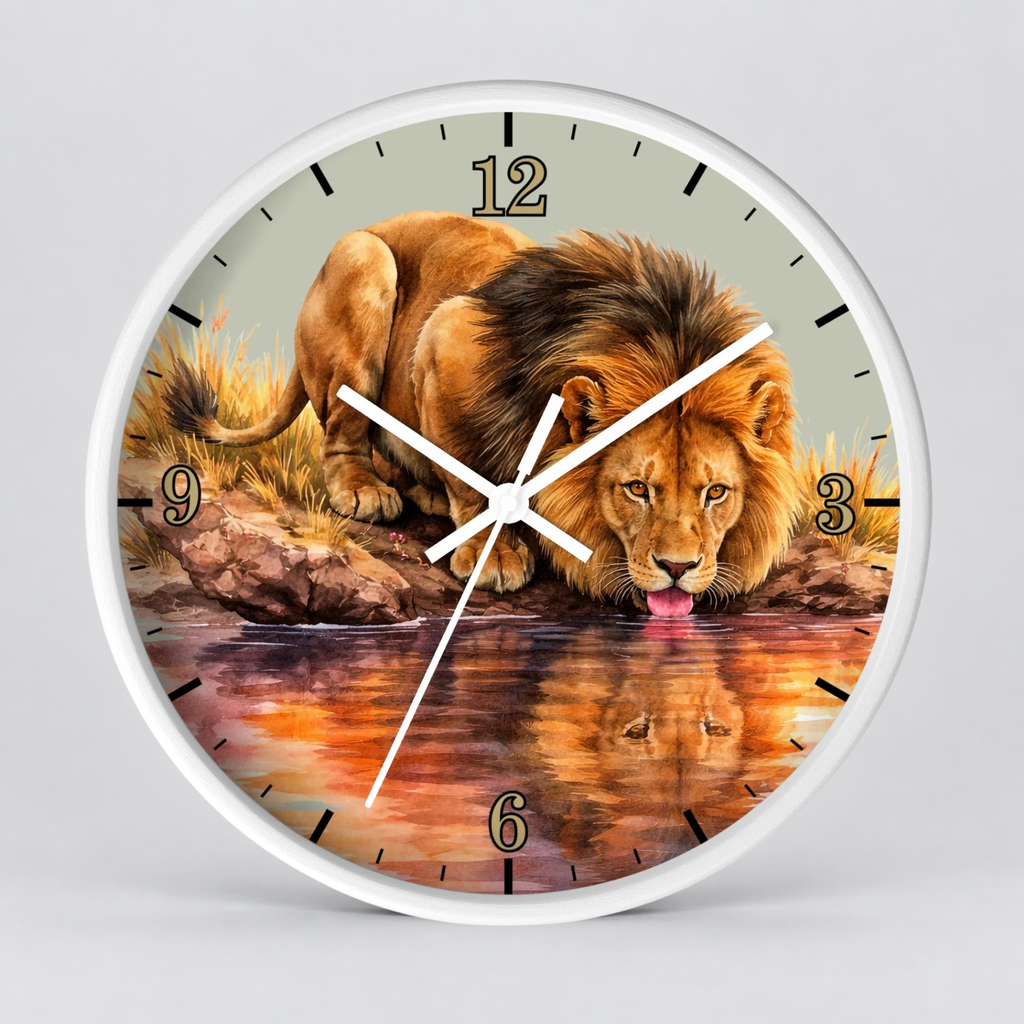 Round wall clock with a white frame and a printed lion drinking from water artwork on the face, shown against a light gray background.