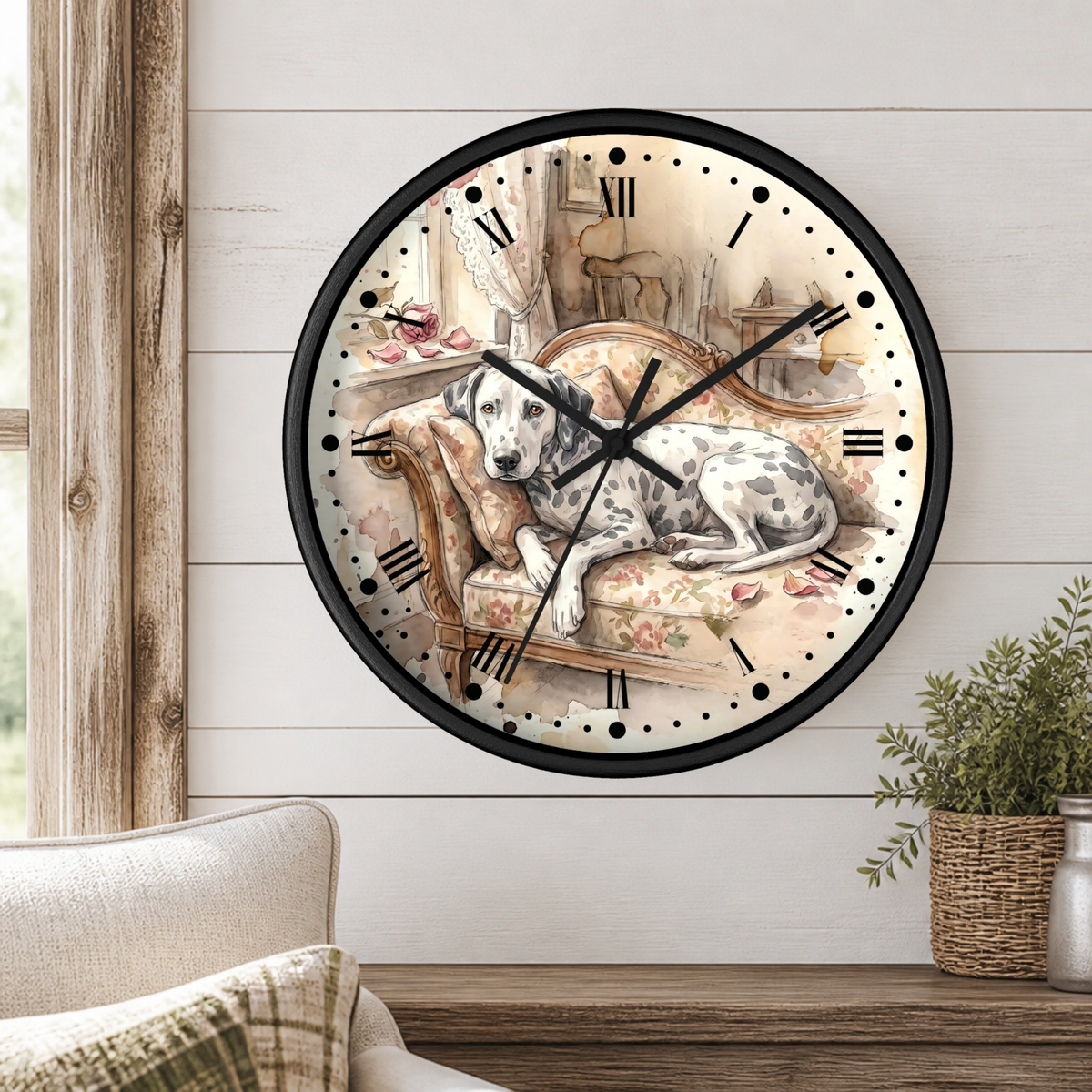 Watercolor Lounging Dalmatian Wall Clock — Vintage Floral Dog Decor