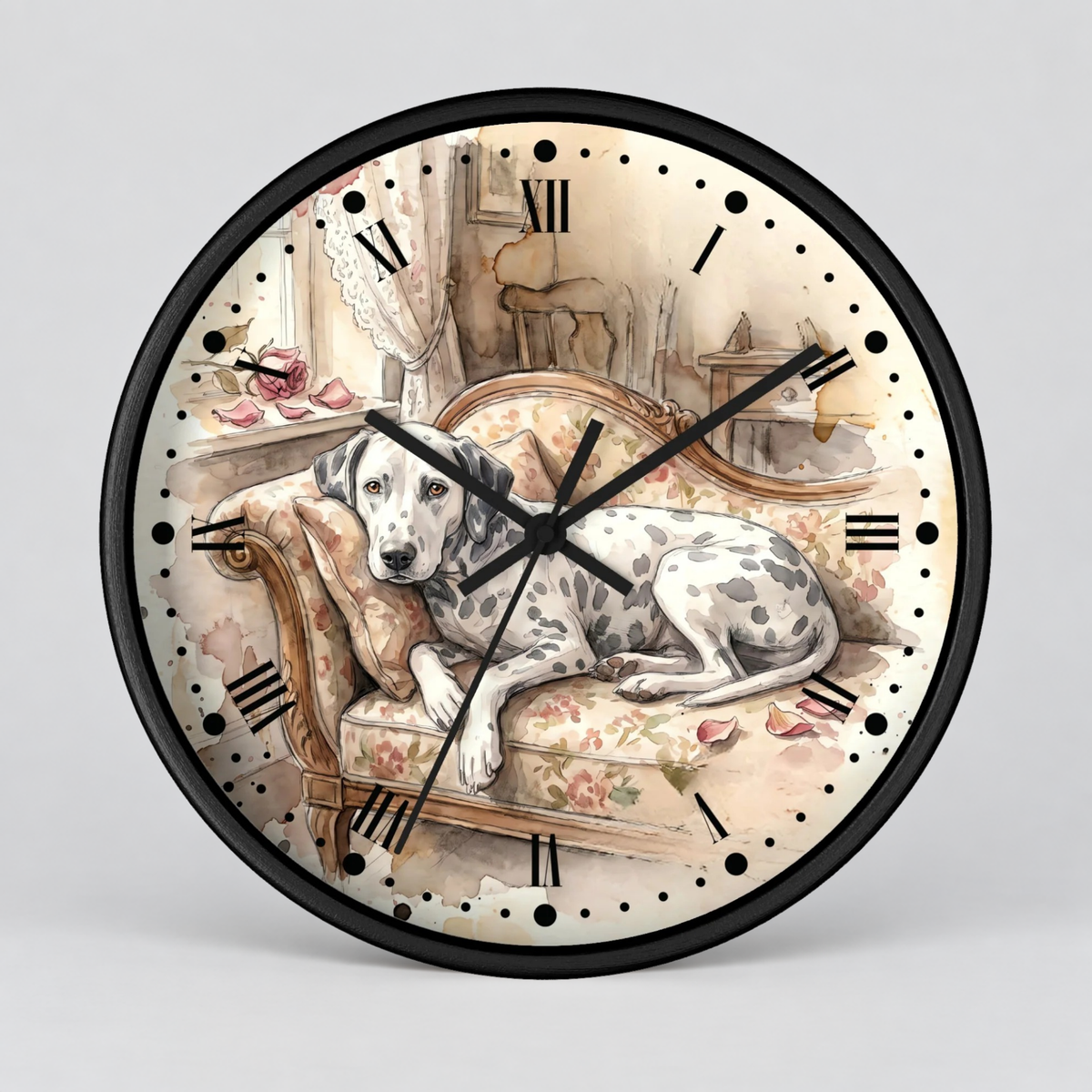 Watercolor Lounging Dalmatian Wall Clock — Vintage Floral Dog Decor