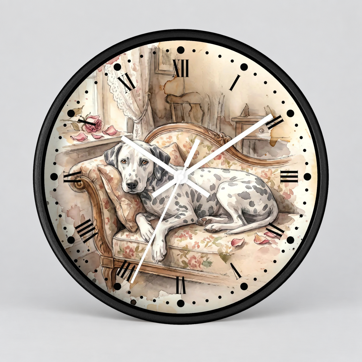 Watercolor Lounging Dalmatian Wall Clock — Vintage Floral Dog Decor