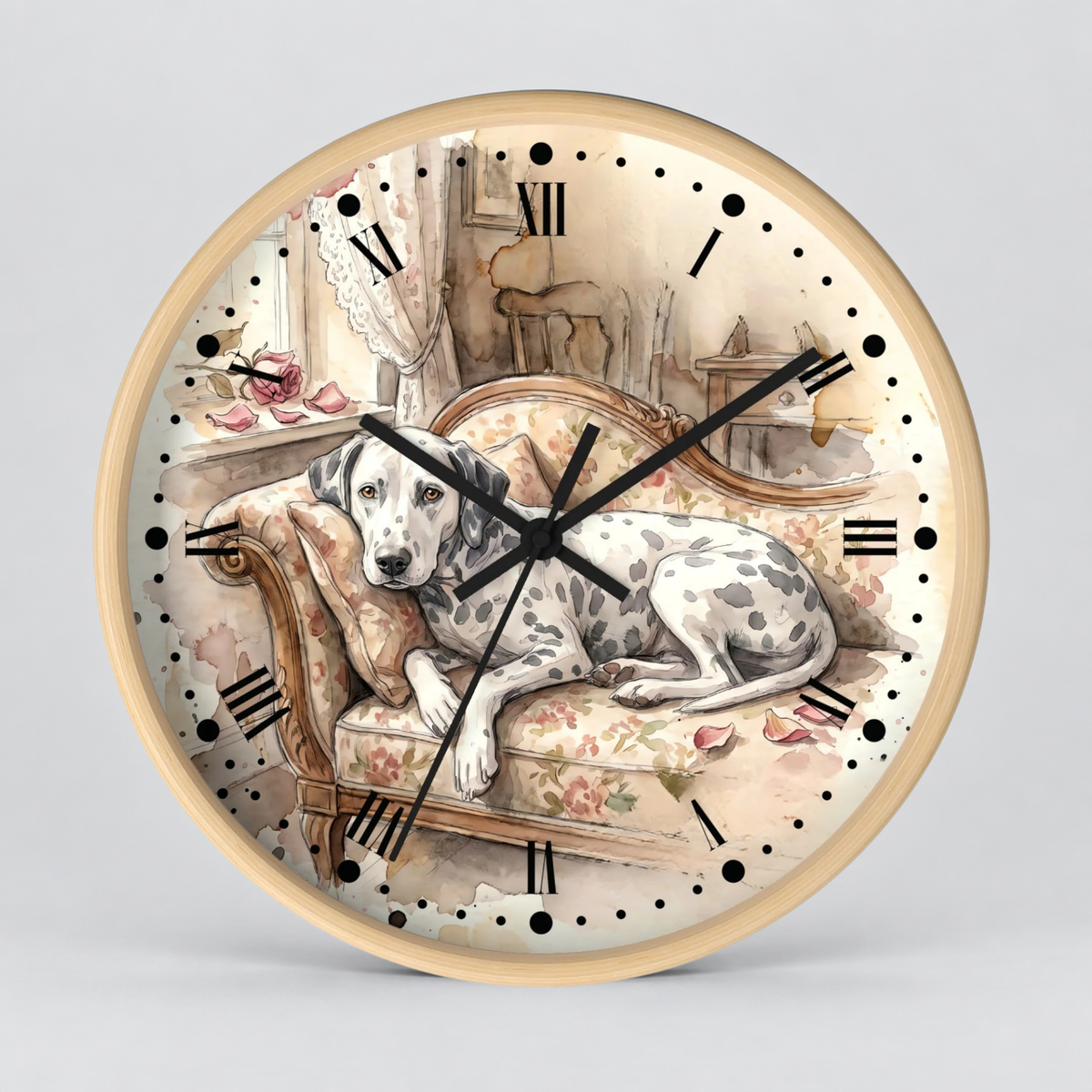 Watercolor Lounging Dalmatian Wall Clock — Vintage Floral Dog Decor