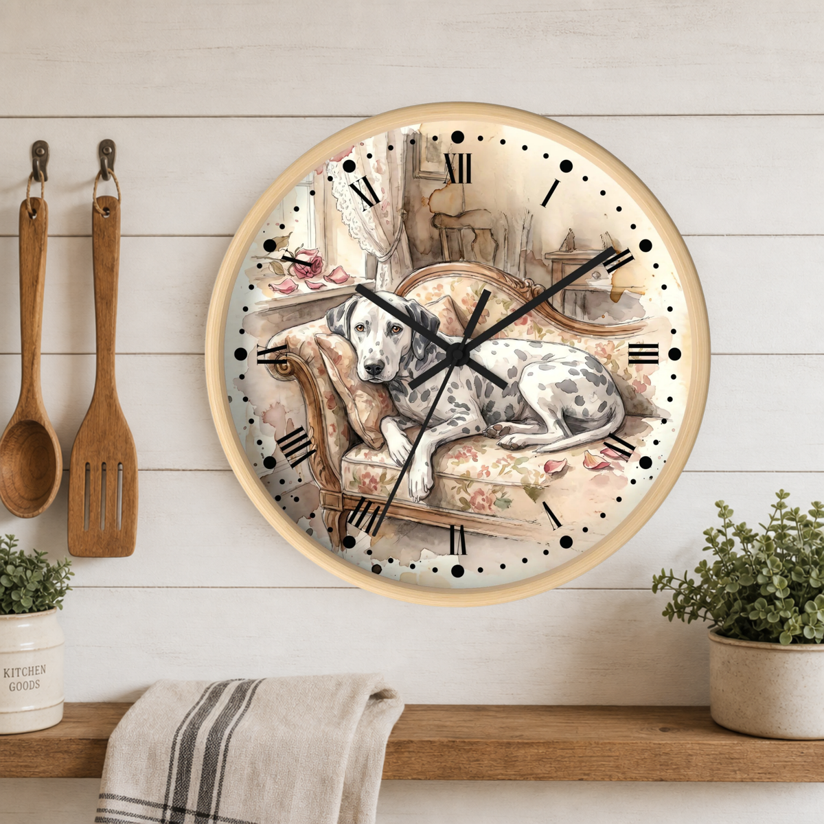 Watercolor Lounging Dalmatian Wall Clock — Vintage Floral Dog Decor