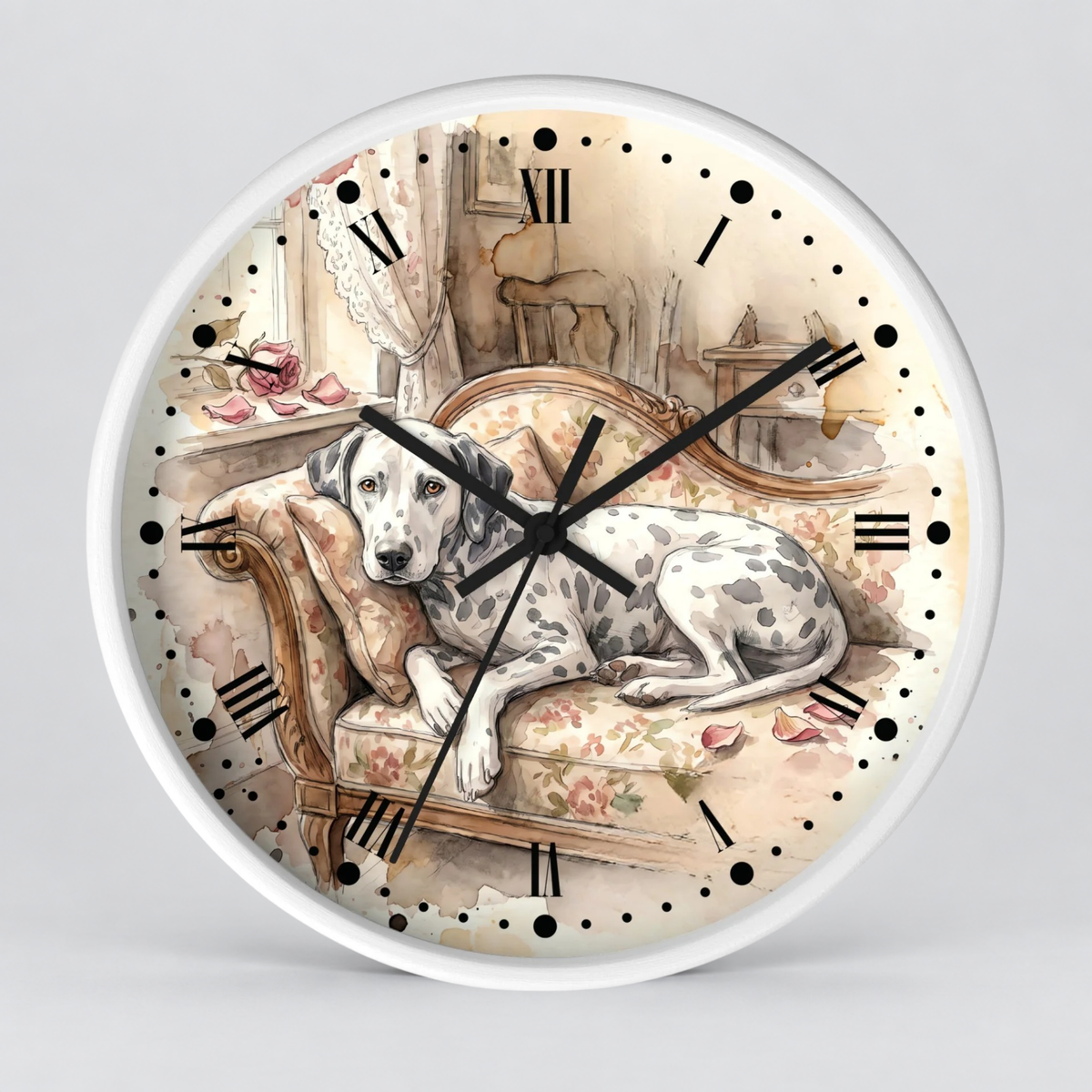 Watercolor Lounging Dalmatian Wall Clock — Vintage Floral Dog Decor
