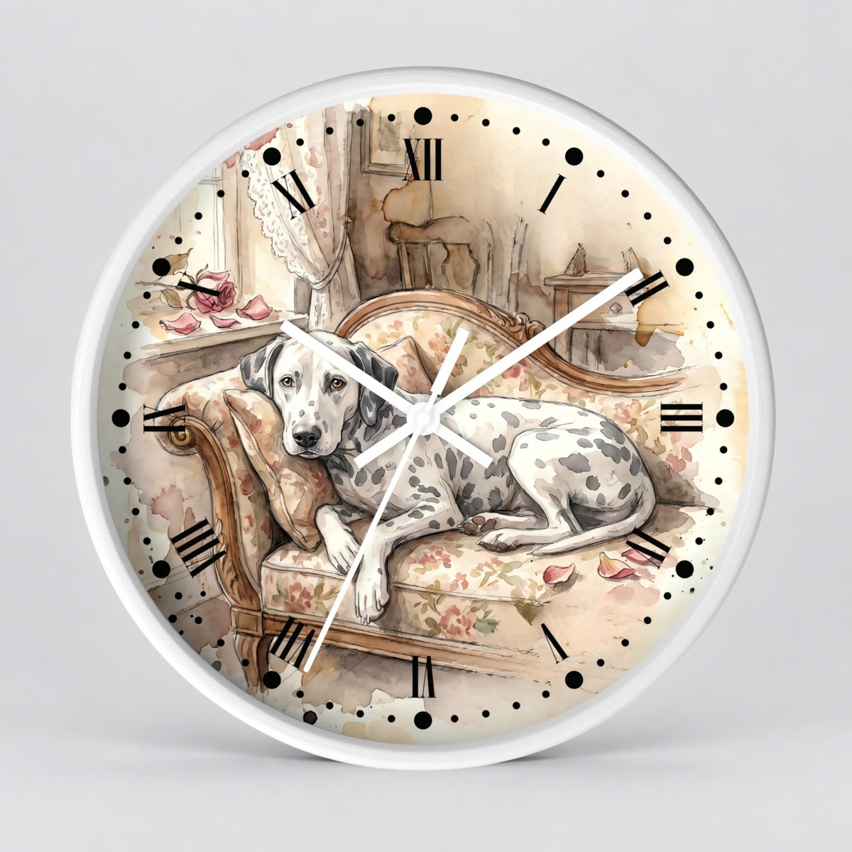 Watercolor Lounging Dalmatian Wall Clock — Vintage Floral Dog Decor