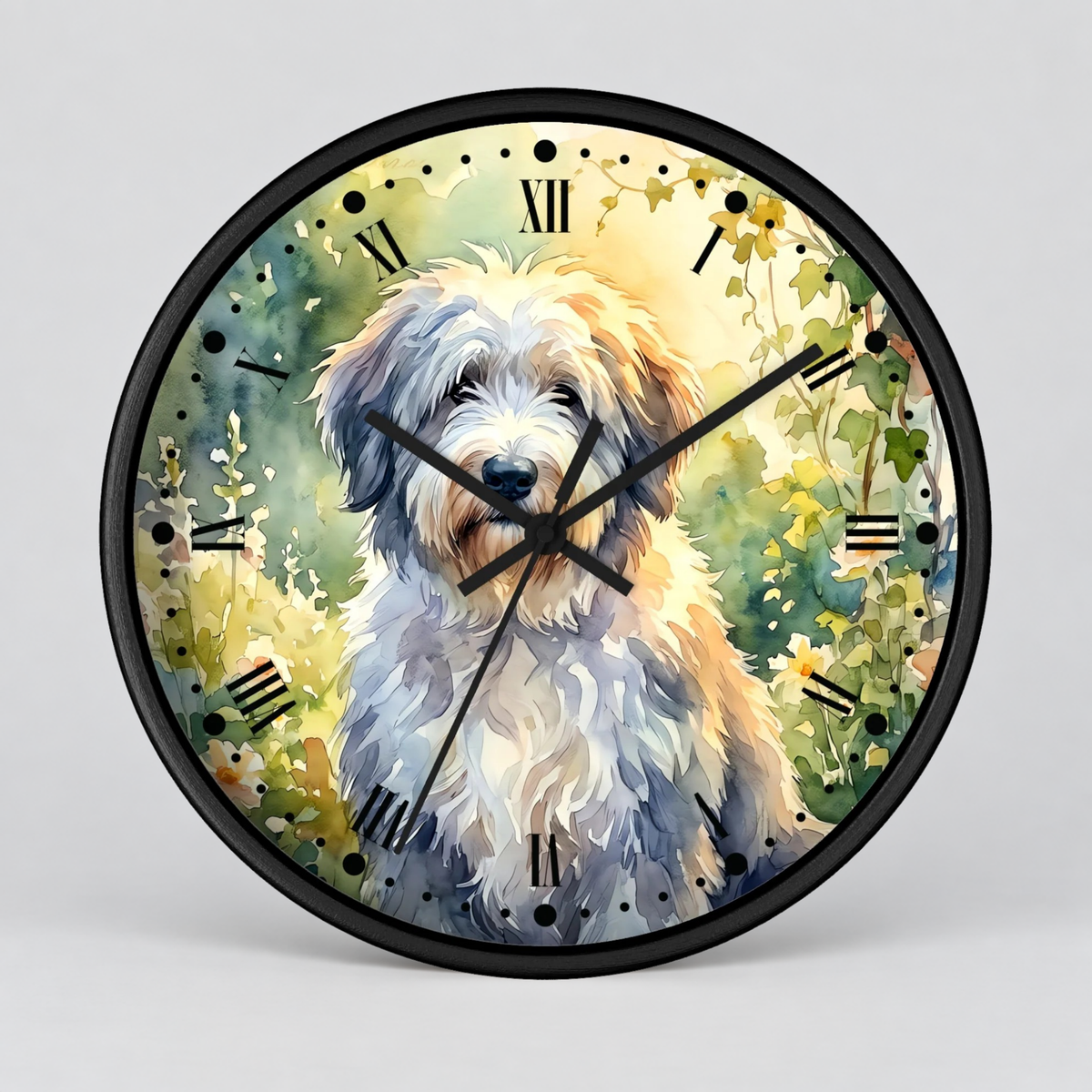 Round wall clock with a black frame and a watercolor-style illustration of a fluffy white dog surrounded by green foliage and yellow flowers, with black Roman numerals and black hands, shown on a light gray background.