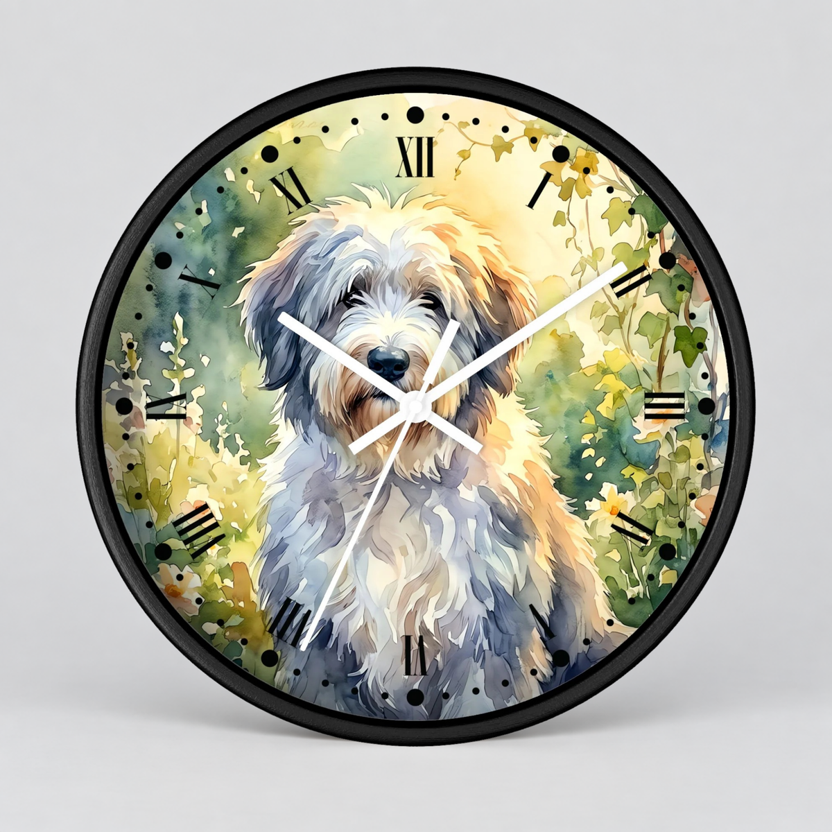 Round wall clock with a black frame and a watercolor-style illustration of a fluffy white dog surrounded by green foliage and yellow flowers. The clock face uses black Roman numerals for hour markers and has white clock hands.