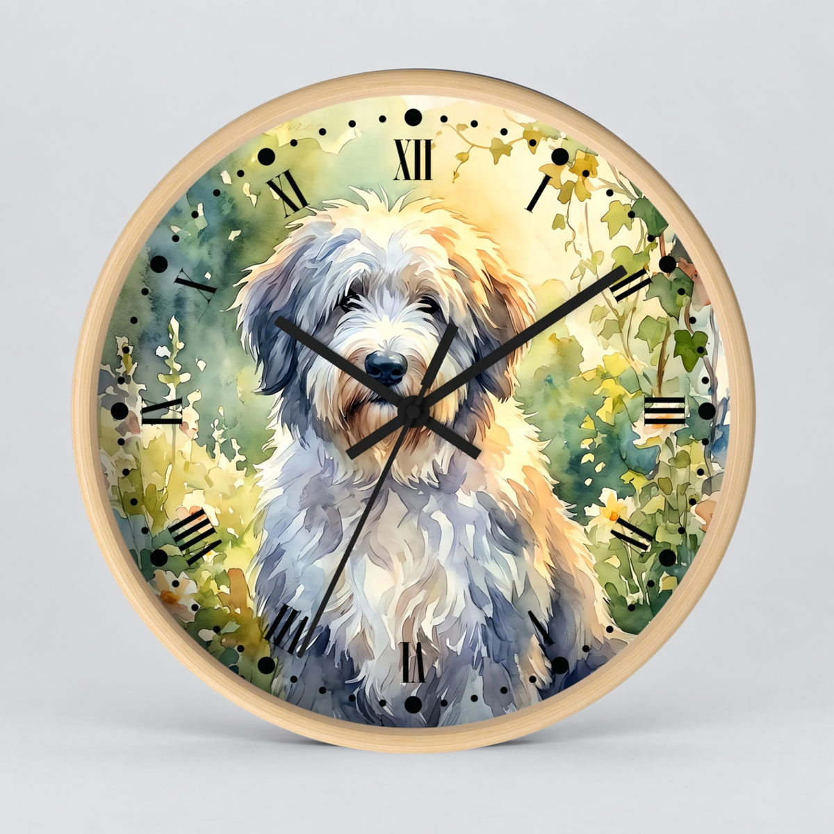 Round wall clock with a light wood frame and a watercolor-style illustration of a fluffy white dog surrounded by green foliage and yellow flowers on the clock face, with black Roman numerals and hands.
