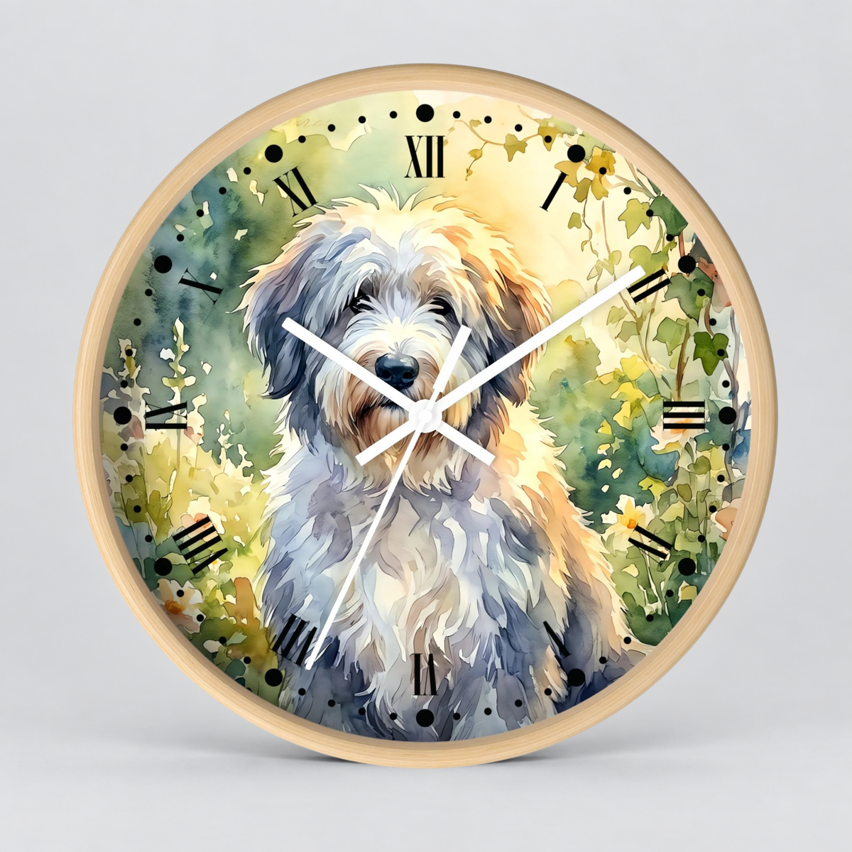 Round wall clock with a light wood frame and a watercolor-style illustration of a fluffy white dog surrounded by green foliage and yellow flowers. The clock face has black Roman numerals and white hands, shown against a neutral light gray background.