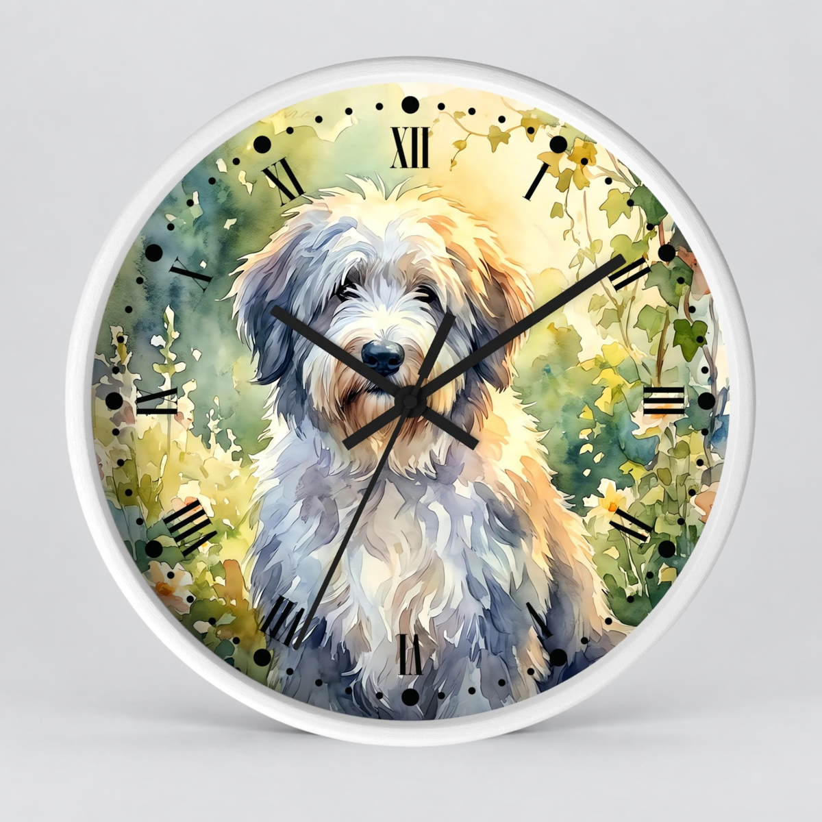 Round wall clock with a white frame and a printed watercolor-style illustration of a fluffy white dog surrounded by green foliage and yellow flowers. The clock face has black Roman numerals and black clock hands.