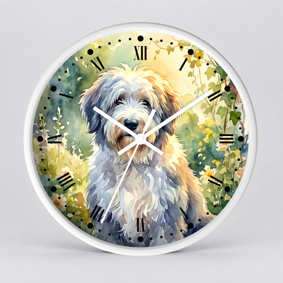 Round wall clock with a white frame and a watercolor-style illustration of a fluffy dog on the face, surrounded by green foliage and Roman numeral hour markers.