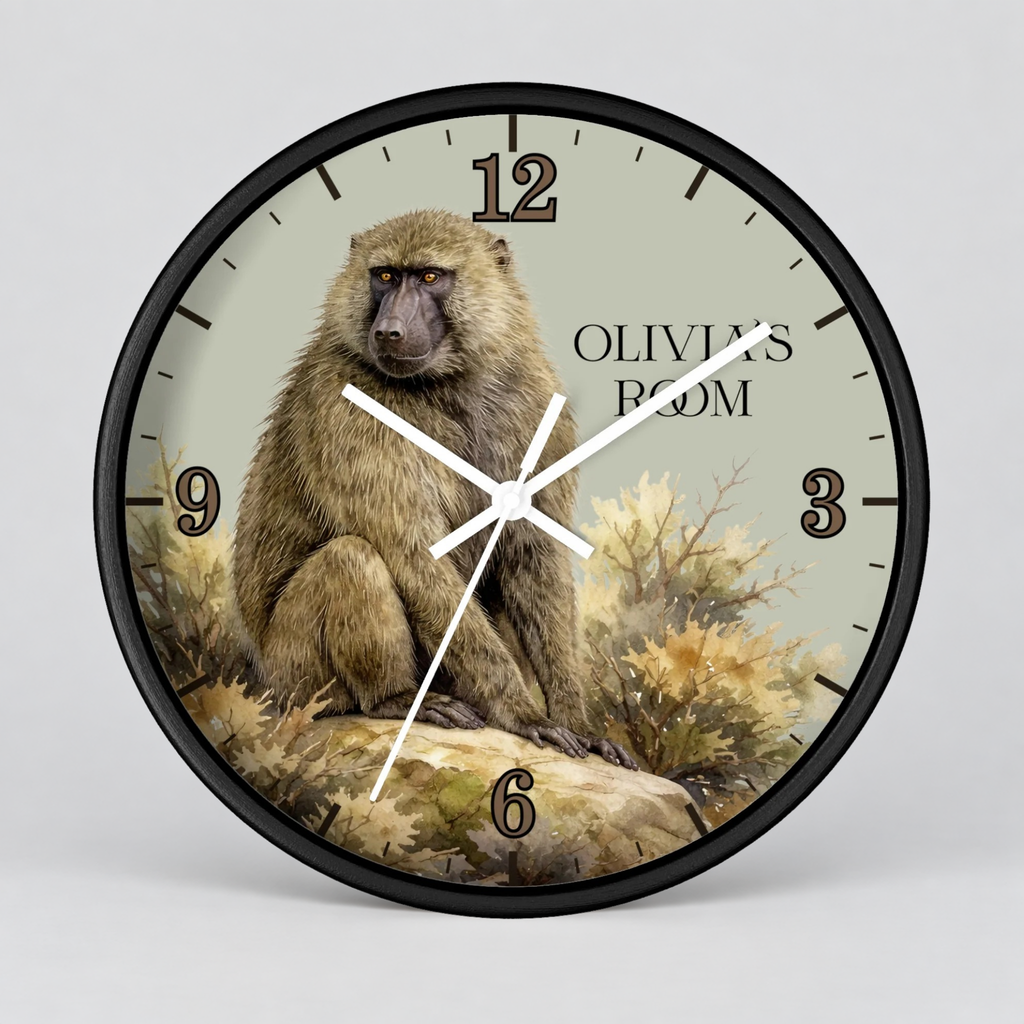 A round wall clock with a black frame and a printed face showing a seated baboon in a natural setting, with the text 'OLIVIA'S ROOM' and black numerals. The clock is photographed against a light gray background.