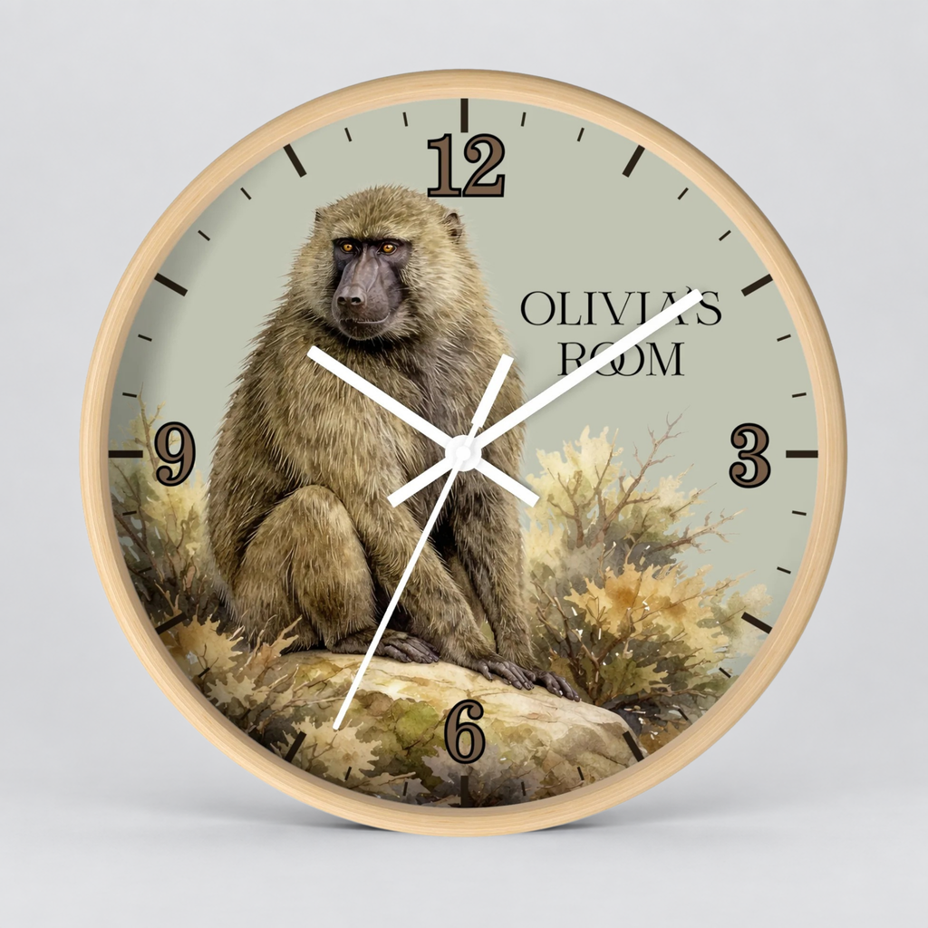 Round wall clock with a light wood frame and a printed animal illustration of a baboon sitting on rocks. The clock face has a pale beige background, black Arabic numerals, white hands, and the text 'OLIVIA'S ROOM'.