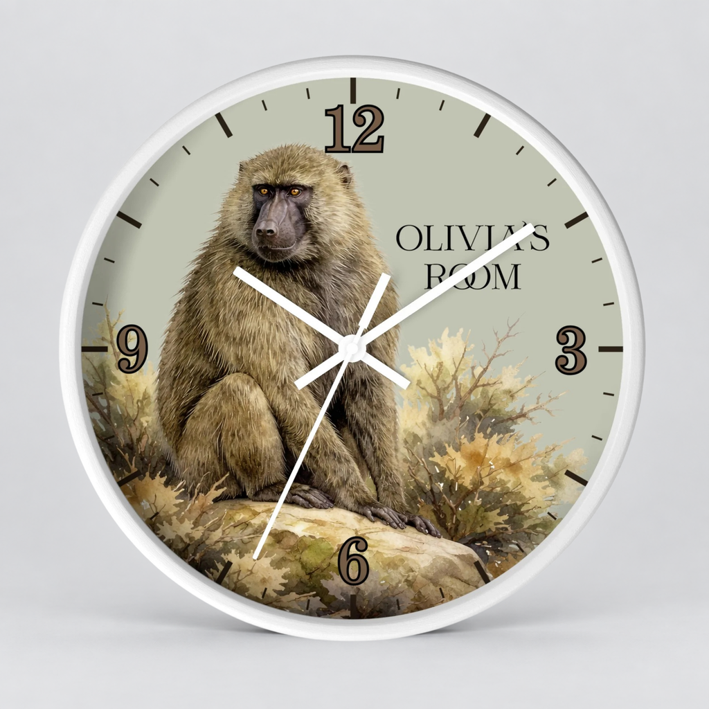 A round wall clock with a white frame and a printed illustration of a baboon sitting on a rock. The clock face has a light beige background, black Arabic numerals, white hands, and the text 'OLIVIA'S ROOM' printed on the face.