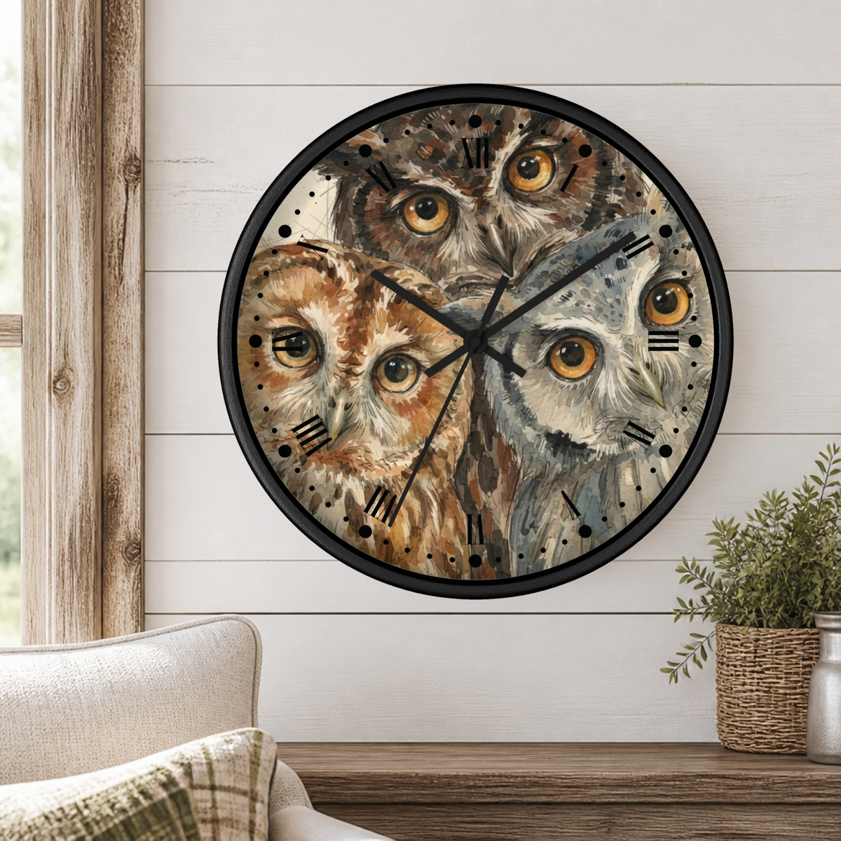 Owl Trio Wall Clock — Watercolor Woodland Bird Decor