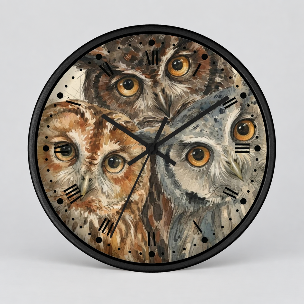 Owl Trio Wall Clock — Watercolor Woodland Bird Decor