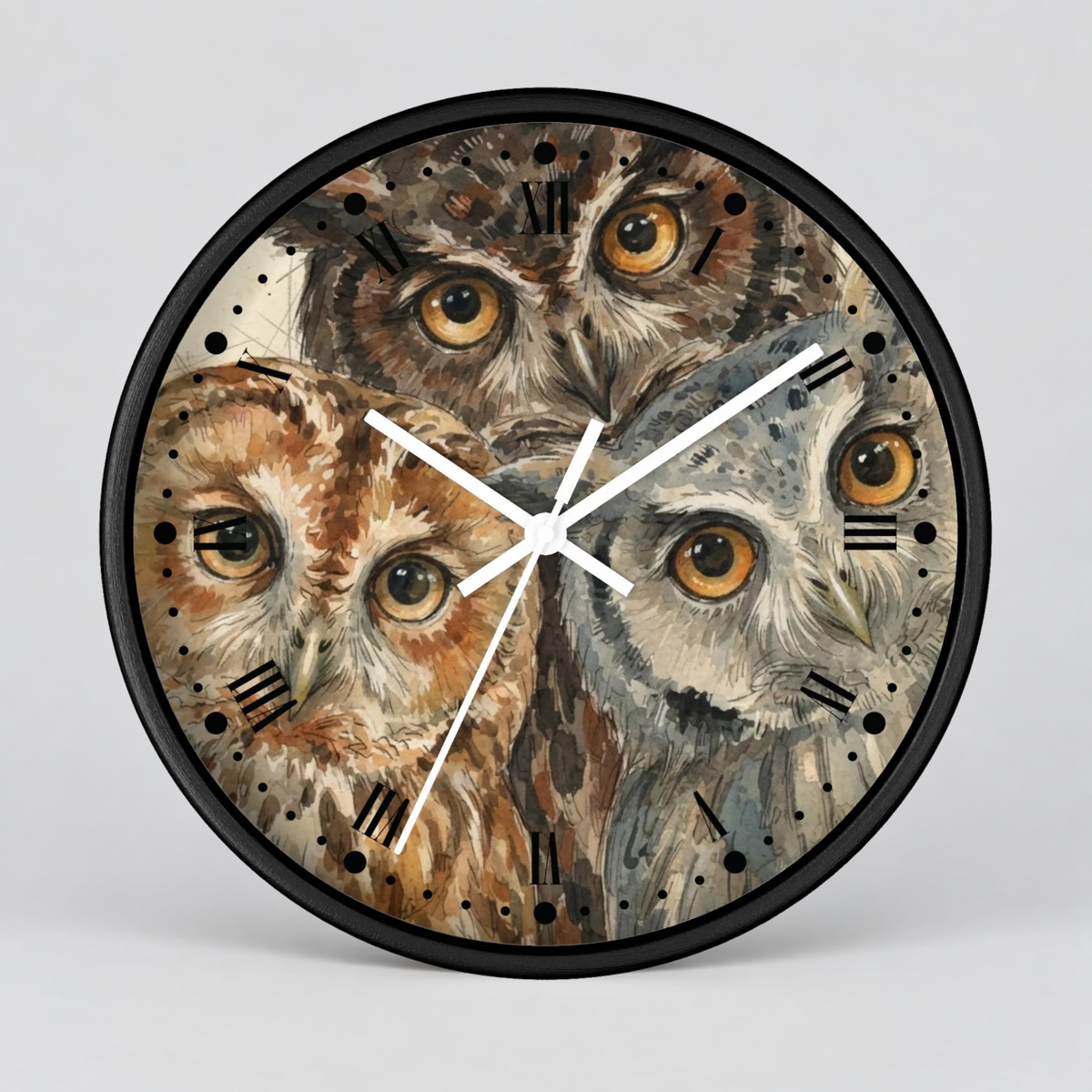 Owl Trio Wall Clock — Watercolor Woodland Bird Decor