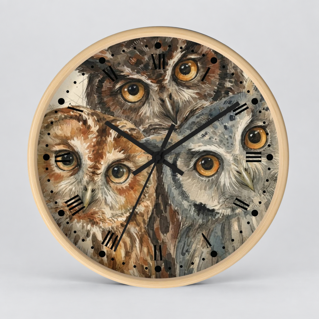 Owl Trio Wall Clock — Watercolor Woodland Bird Decor