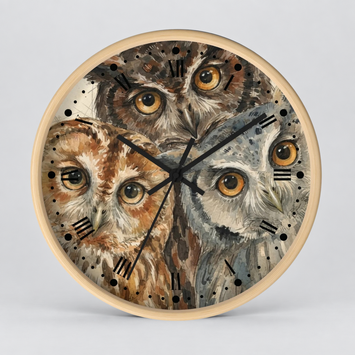 Owl Trio Wall Clock — Watercolor Woodland Bird Decor