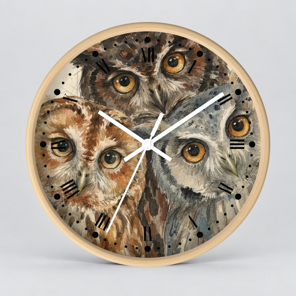 Owl Trio Wall Clock — Watercolor Woodland Bird Decor