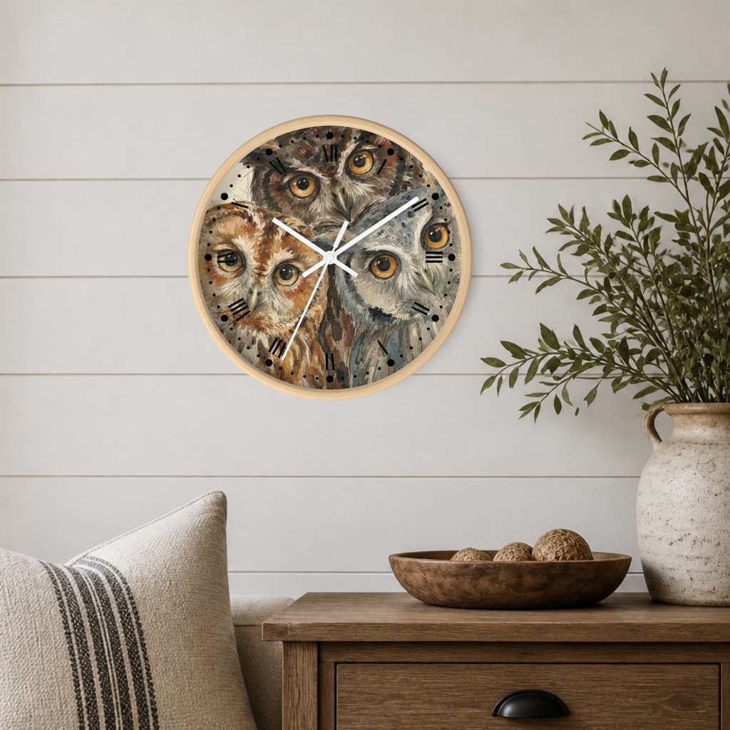 Owl Trio Wall Clock — Watercolor Woodland Bird Decor