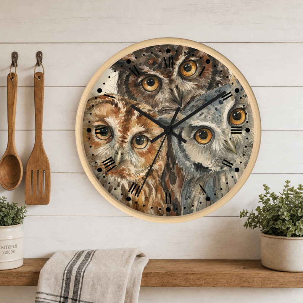 Owl Trio Wall Clock — Watercolor Woodland Bird Decor