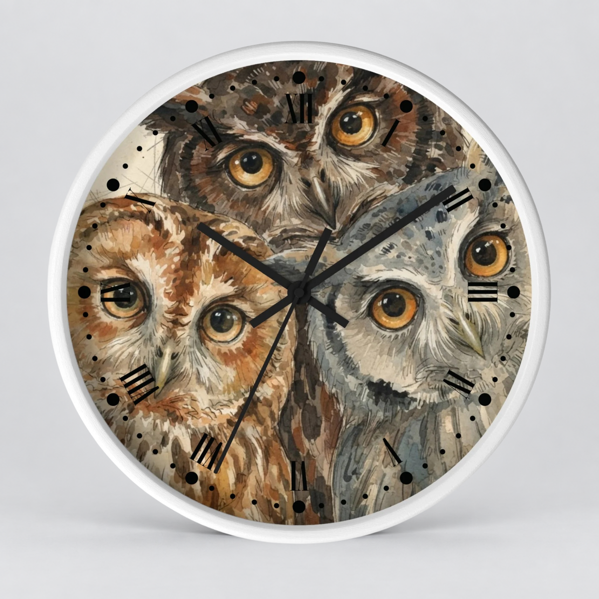 Owl Trio Wall Clock — Watercolor Woodland Bird Decor