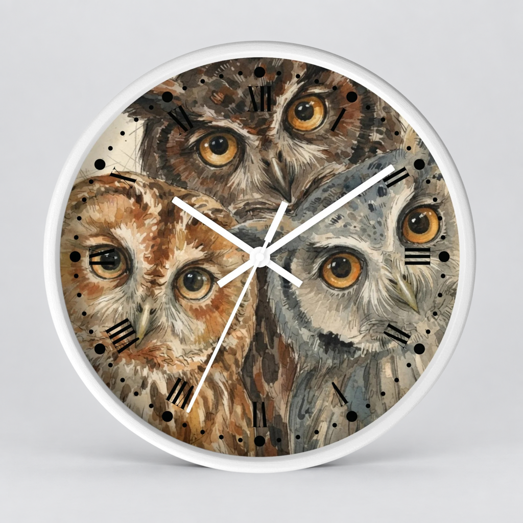 Owl Trio Wall Clock — Watercolor Woodland Bird Decor