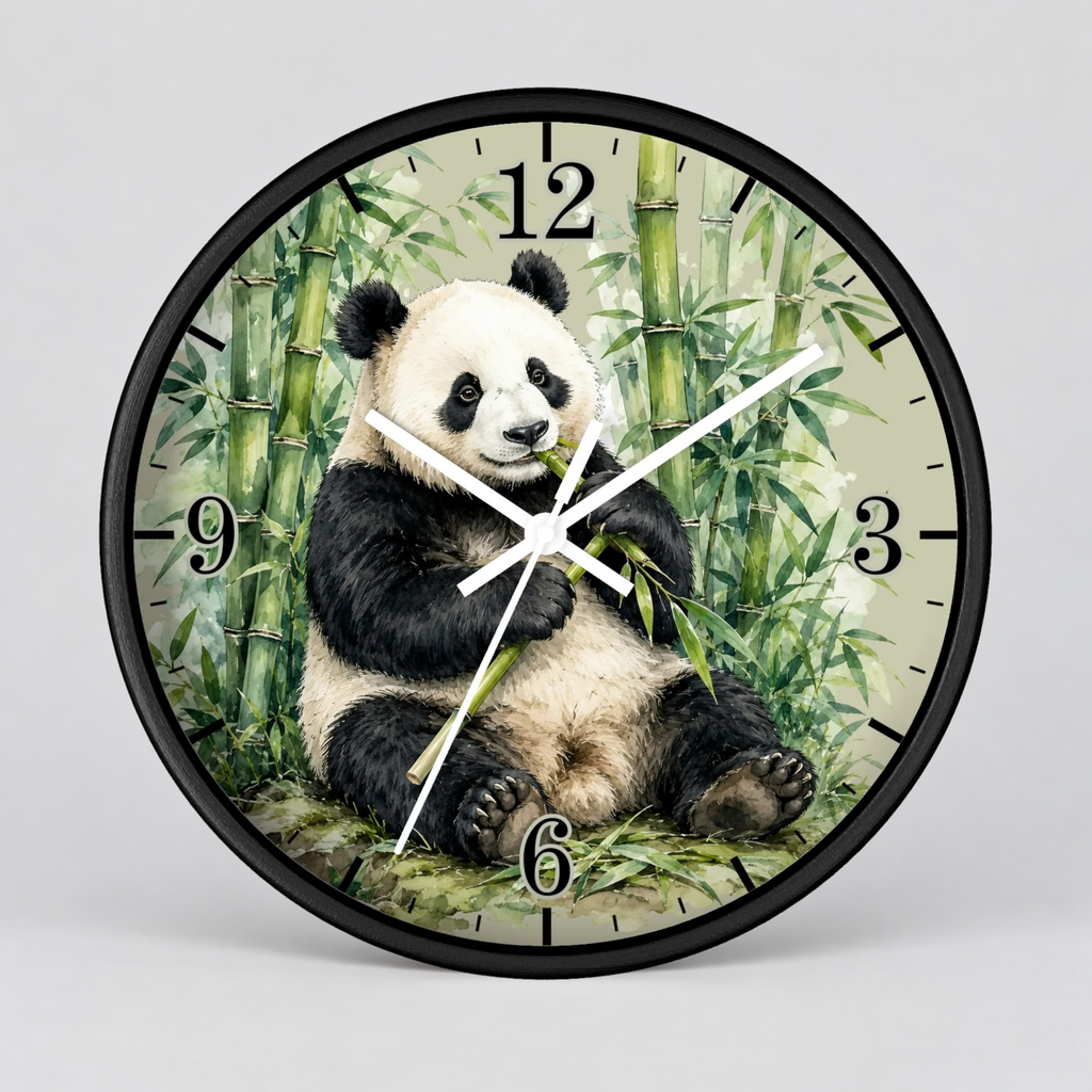 A round wall clock with a black frame and a printed panda illustration on the face, shown against a light gray background.