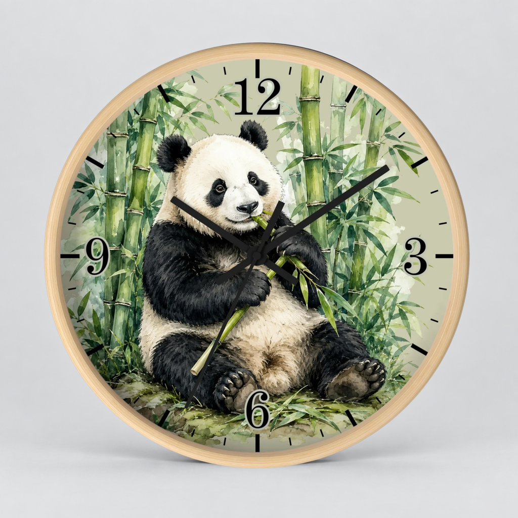 Round wall clock with a light wood frame and a printed panda illustration on the face, shown against a plain light gray background.
