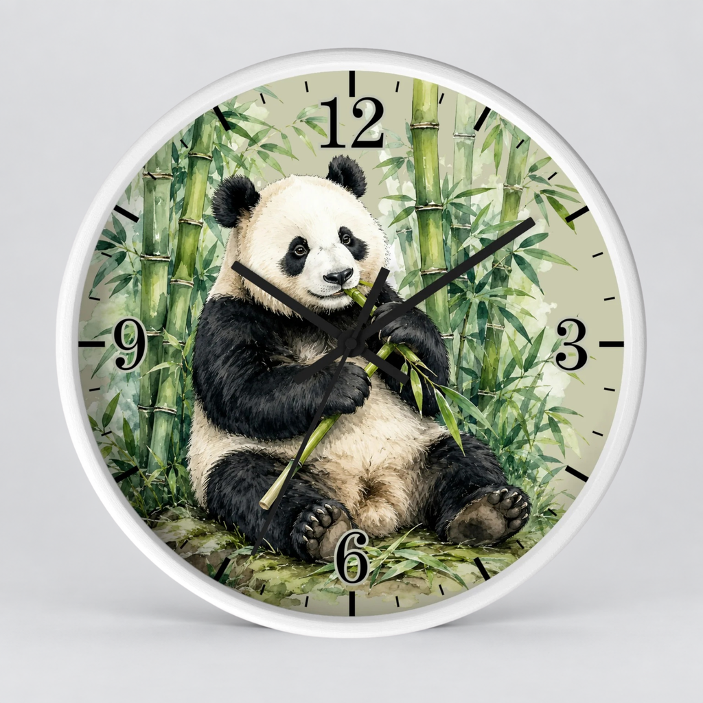 Round wall clock with a white frame and a printed panda sitting among bamboo graphics on the face, with black Arabic numerals and black clock hands.