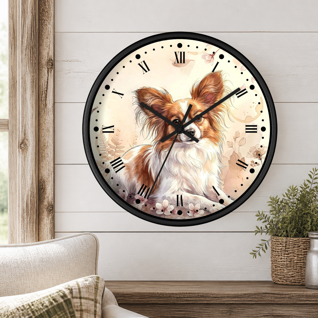 Watercolor Papillon Dog Wall Clock — Floral Portrait Timepiece for Dog Lovers
