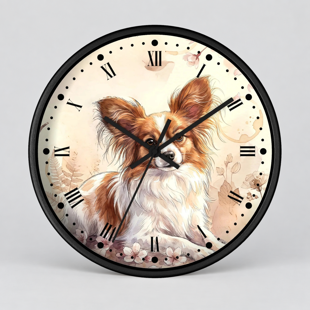 Watercolor Papillon Dog Wall Clock — Floral Portrait Timepiece for Dog Lovers