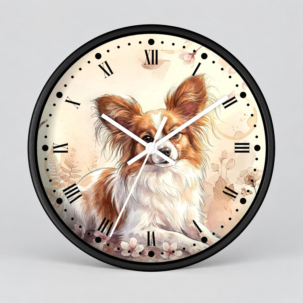 Watercolor Papillon Dog Wall Clock — Floral Portrait Timepiece for Dog Lovers