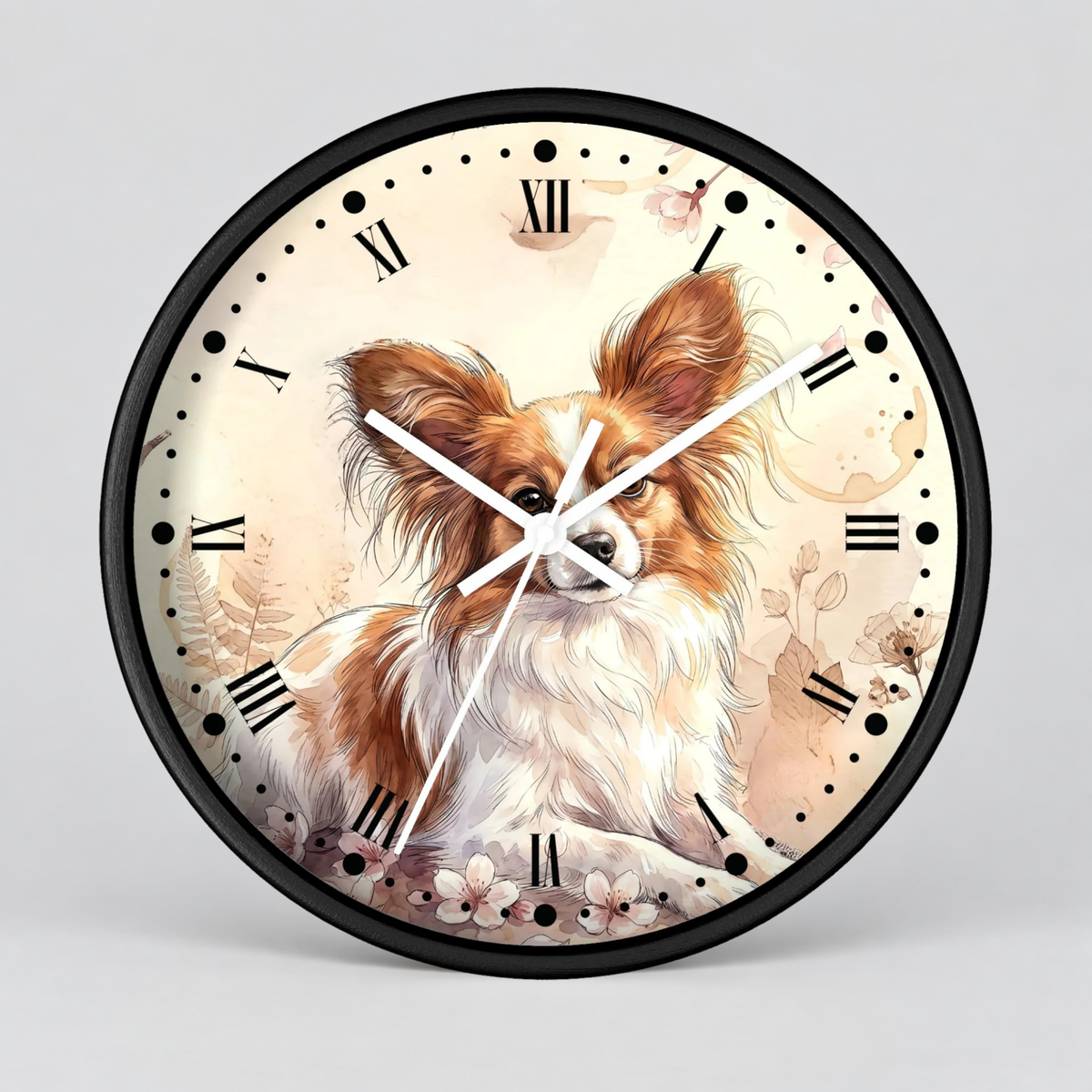 Watercolor Papillon Dog Wall Clock — Floral Portrait Timepiece for Dog Lovers