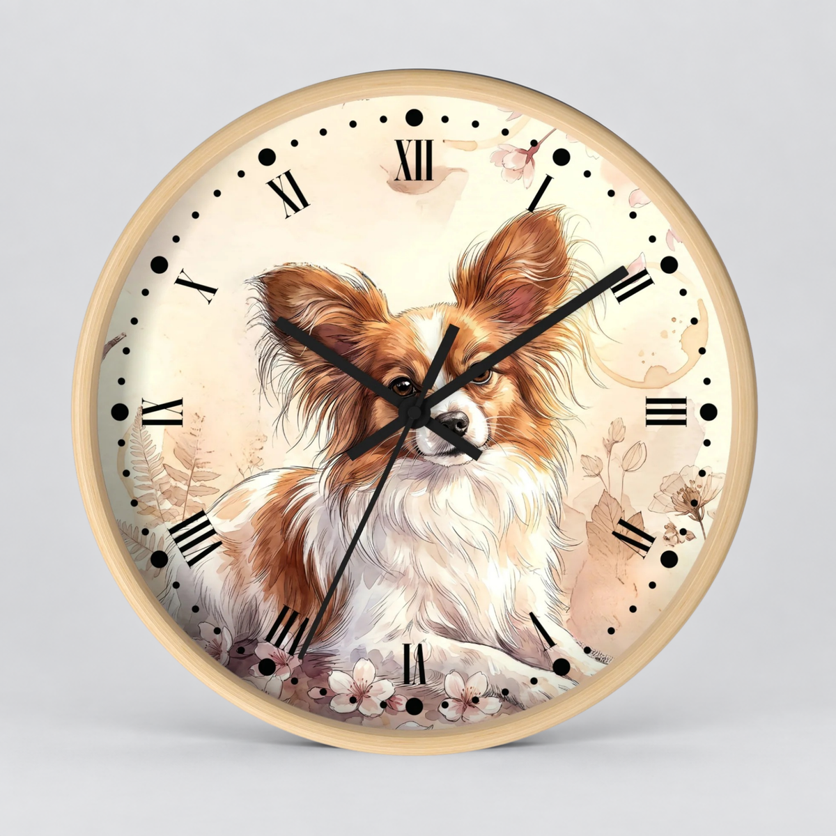Watercolor Papillon Dog Wall Clock — Floral Portrait Timepiece for Dog Lovers