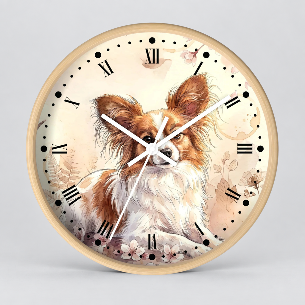 Watercolor Papillon Dog Wall Clock — Floral Portrait Timepiece for Dog Lovers