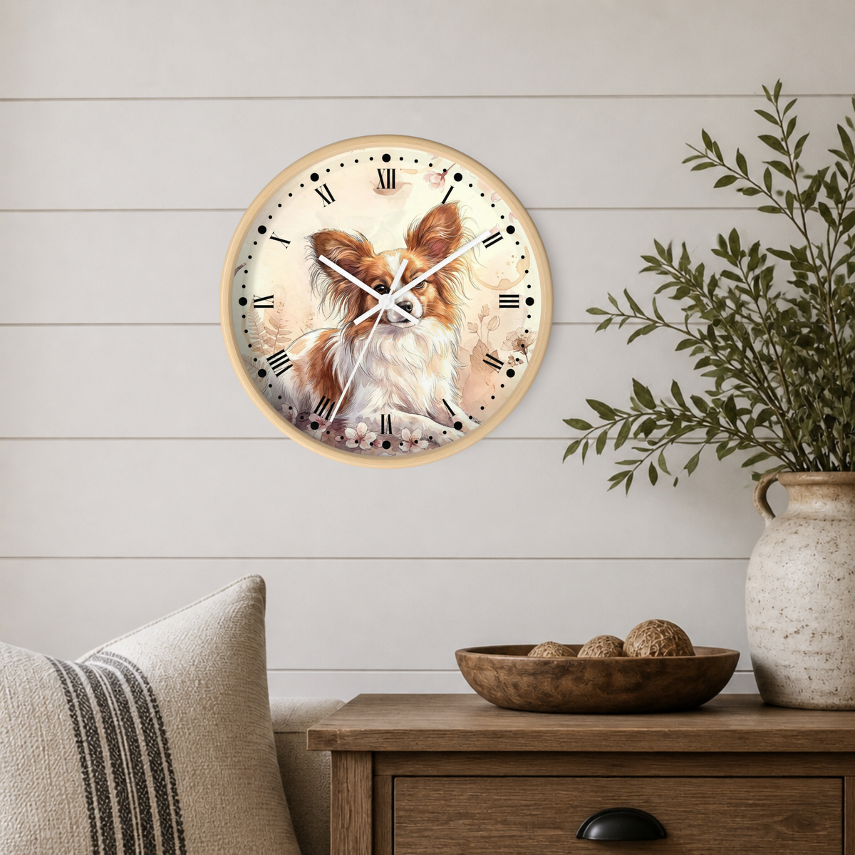 Watercolor Papillon Dog Wall Clock — Floral Portrait Timepiece for Dog Lovers