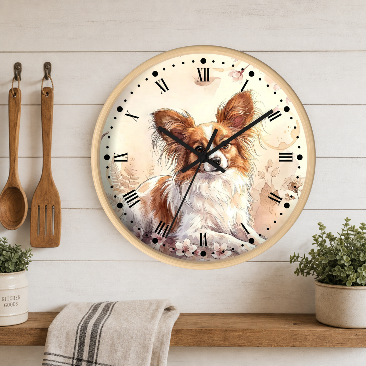Watercolor Papillon Dog Wall Clock — Floral Portrait Timepiece for Dog Lovers