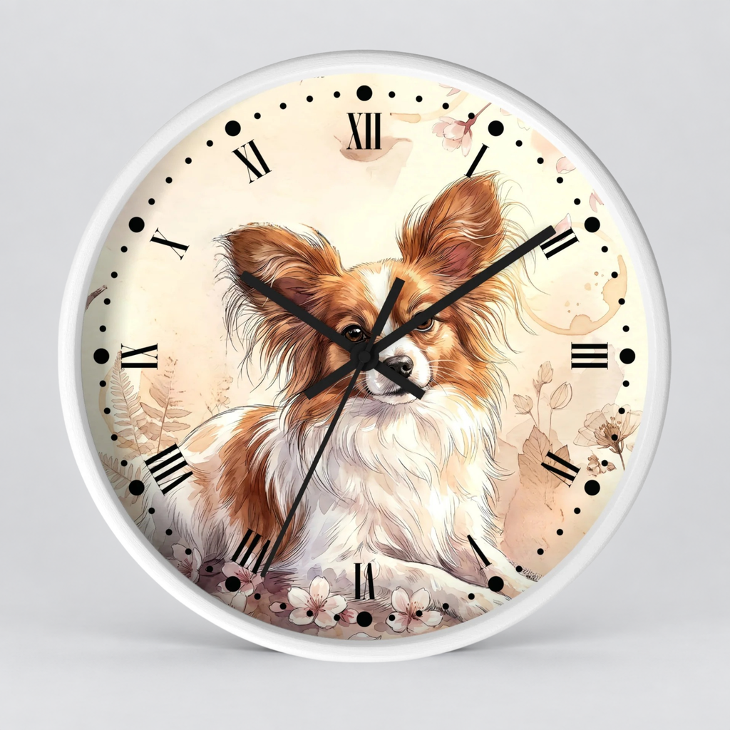 Watercolor Papillon Dog Wall Clock — Floral Portrait Timepiece for Dog Lovers