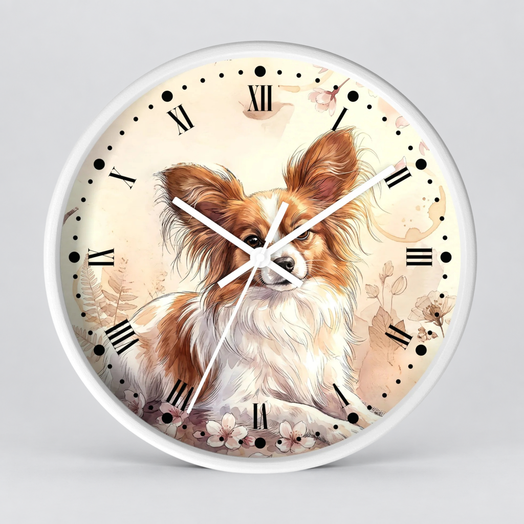 Watercolor Papillon Dog Wall Clock — Floral Portrait Timepiece for Dog Lovers
