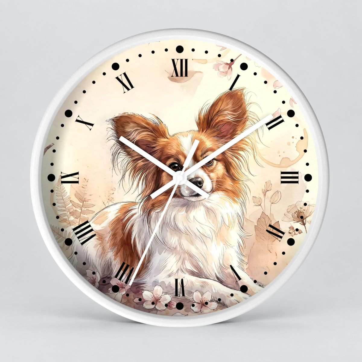 Watercolor Papillon Dog Wall Clock — Floral Portrait Timepiece for Dog Lovers