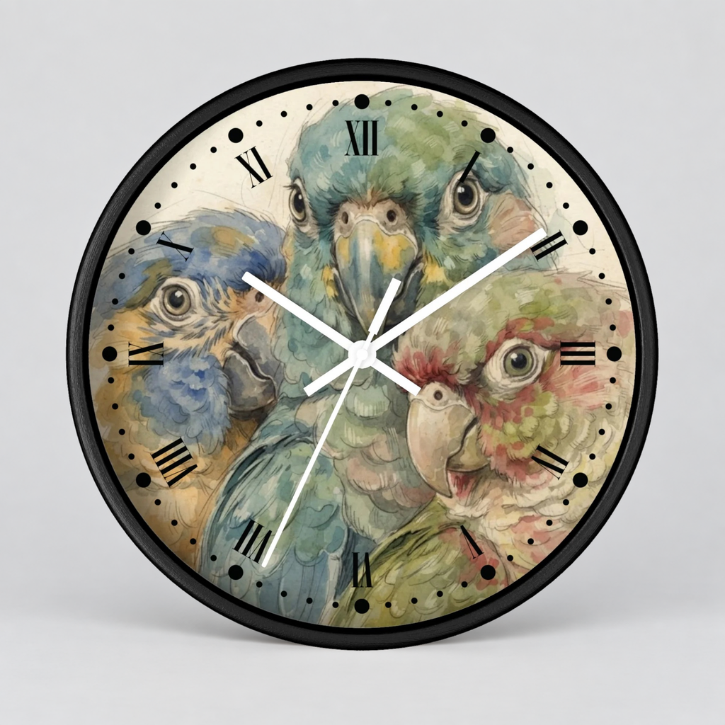A round wall clock with a black frame and a watercolor-style parrot illustration on the face. The parrots are in soft blue, green, yellow, and pink tones, with black Roman numerals and white clock hands, shown against a light gray background.