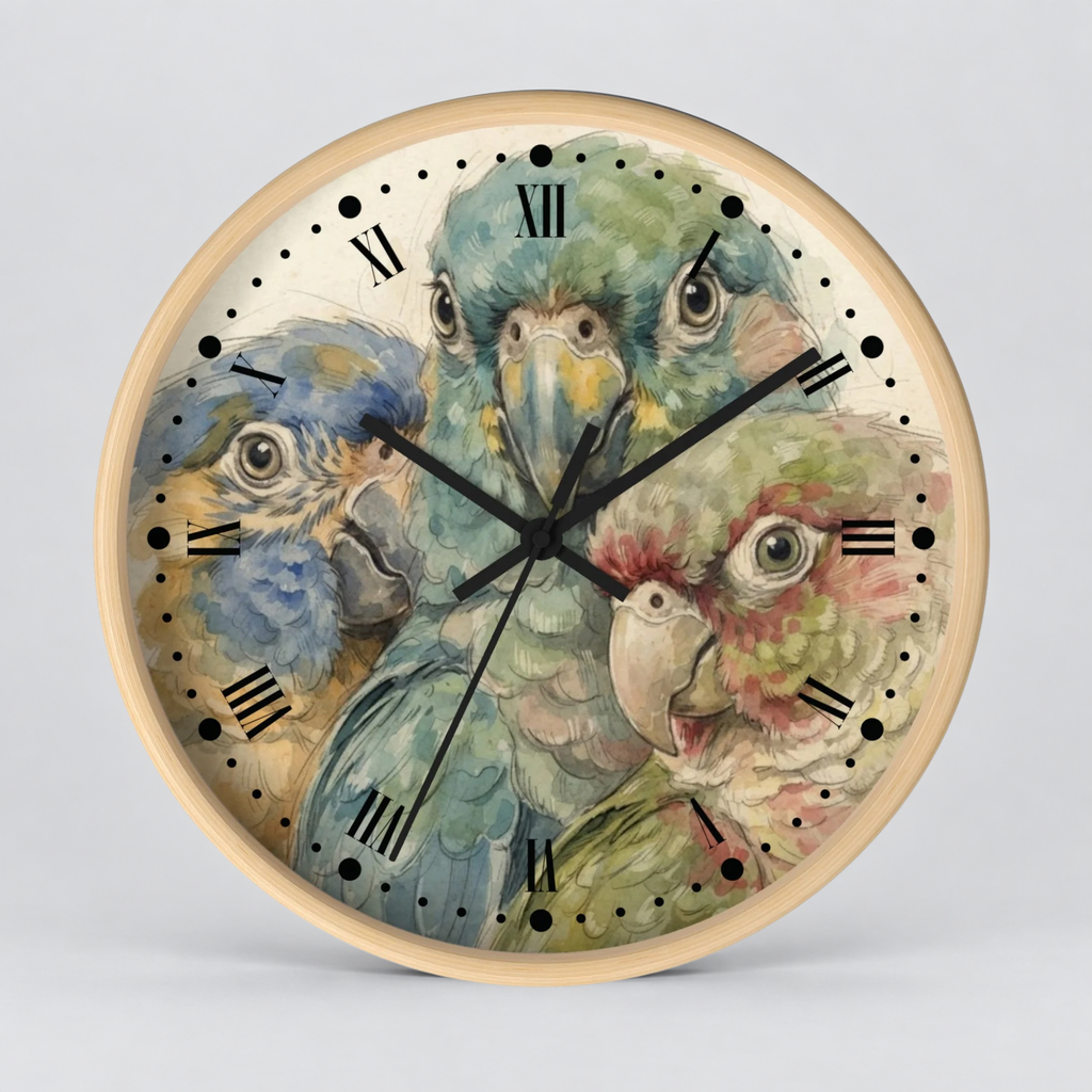 Round wall clock with a light wood frame and a printed parrot illustration on the face, featuring black Roman numerals and black clock hands on a light gray background.