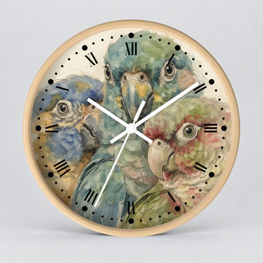 Round wall clock with a light wood frame and a watercolor-style parrot illustration on the face, featuring black Roman numerals and white clock hands on a light gray background.