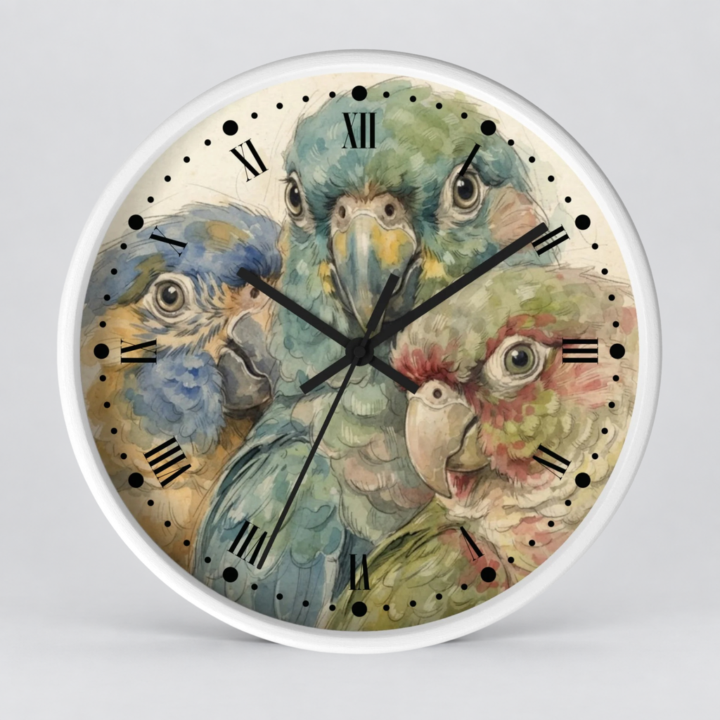 Round wall clock with a white frame and a printed parrot illustration on the face, featuring black Roman numerals and black clock hands on a light gray background.