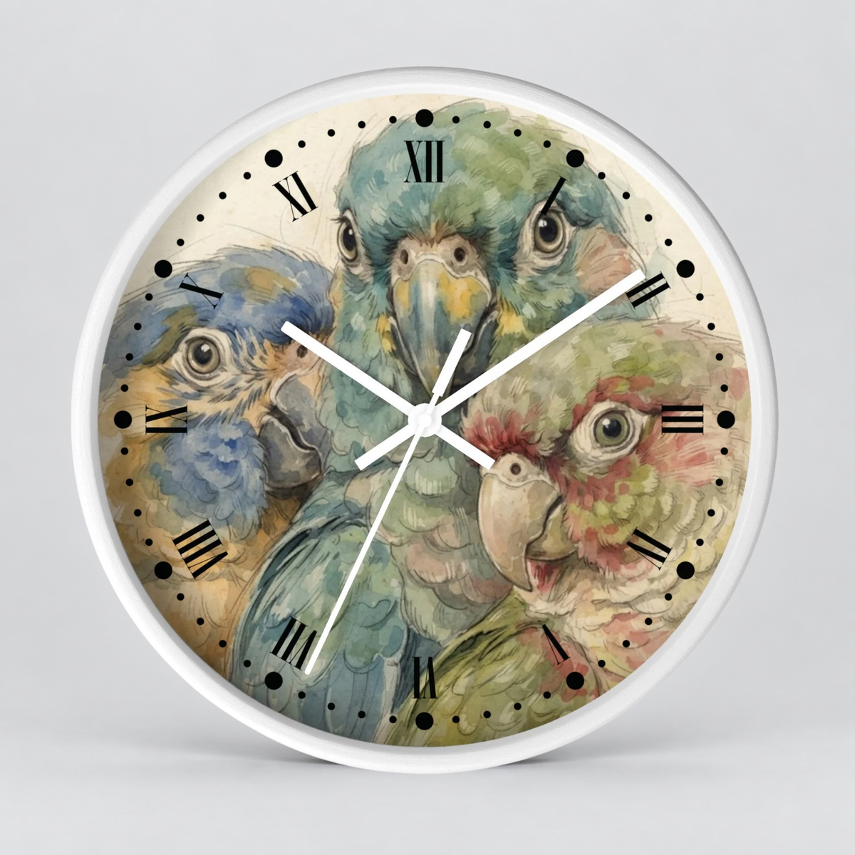 A round wall clock with a white frame and a printed parrot illustration on the face. The artwork shows three colorful parrots in soft watercolor tones, with black Roman numerals and white clock hands on a light gray background.