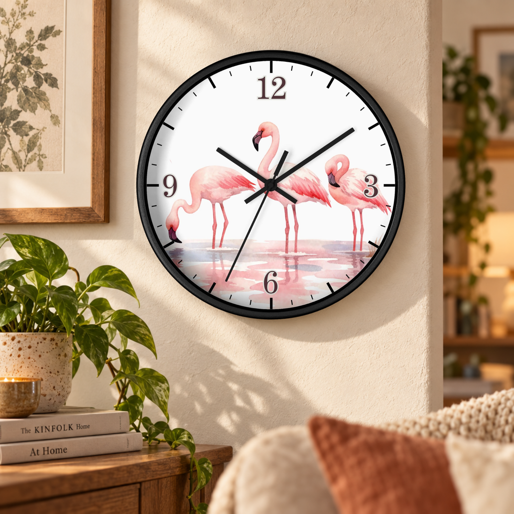 A round wall clock with a black frame and a white face featuring three pink flamingos standing in shallow water, mounted on a beige wall in a styled room with a plant and framed art nearby.