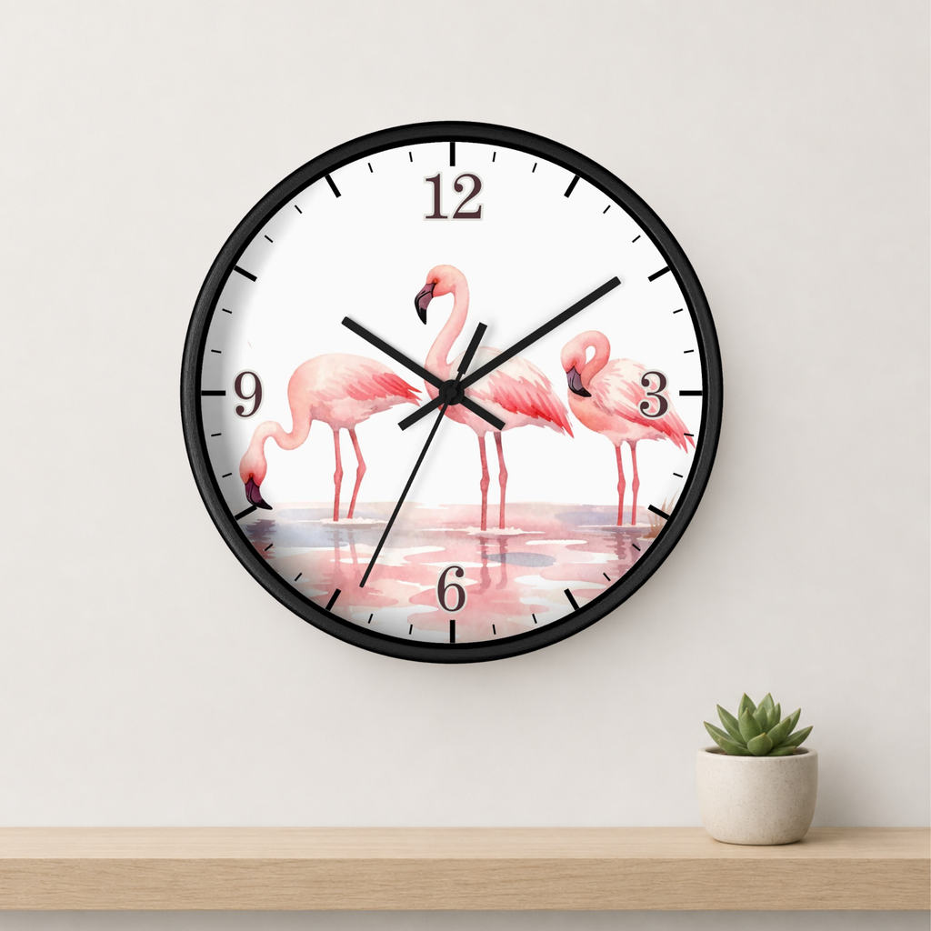 A round wall clock with a black frame and a white face featuring three pink flamingos standing in shallow water. The clock is mounted on a light beige wall above a wooden shelf with a small potted succulent.