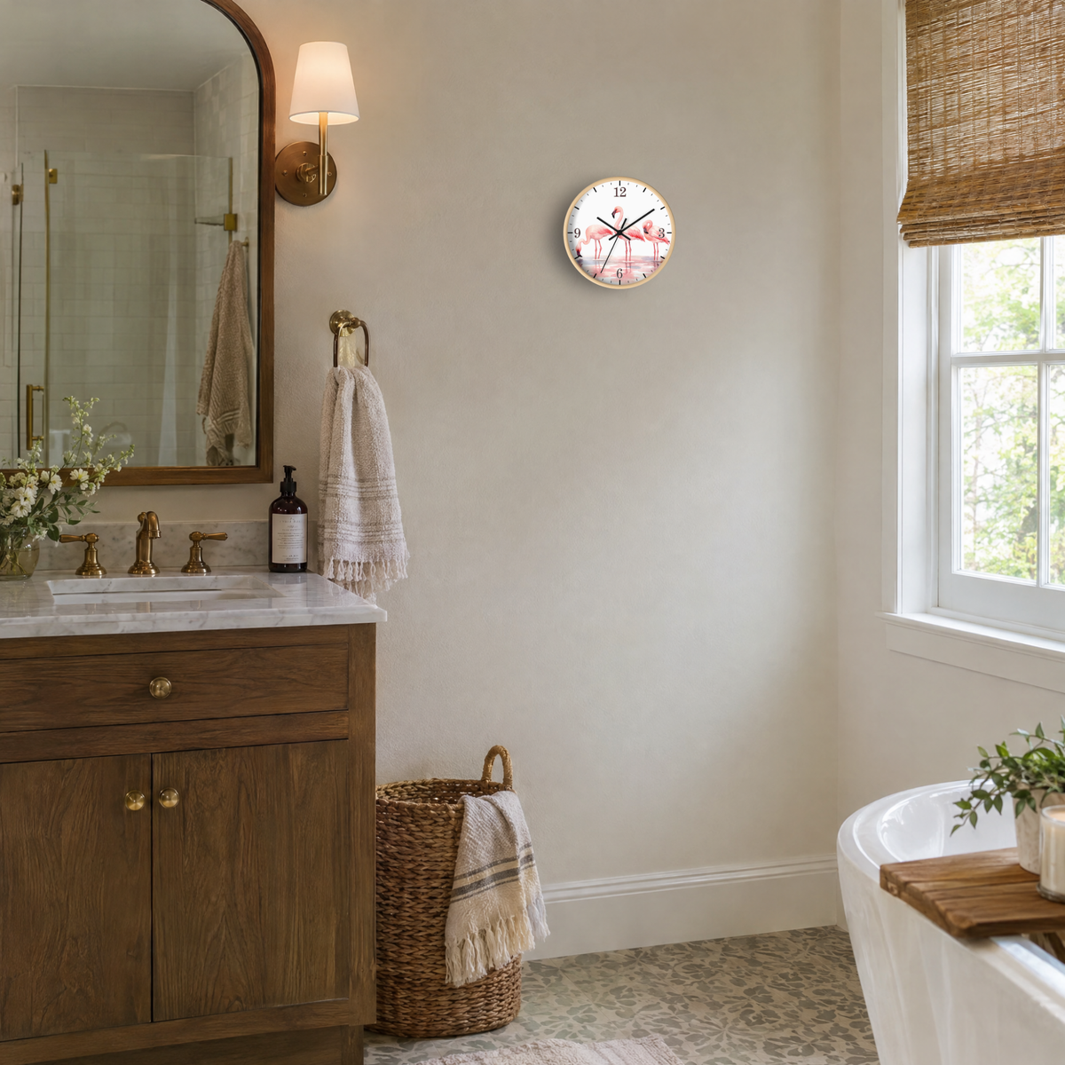 A round wall clock with a pink and white floral print and gold frame hangs on a beige wall in a bright bathroom. The scene includes a wooden vanity, marble sink, brass fixtures, a woven basket, and a window with a wicker blind.